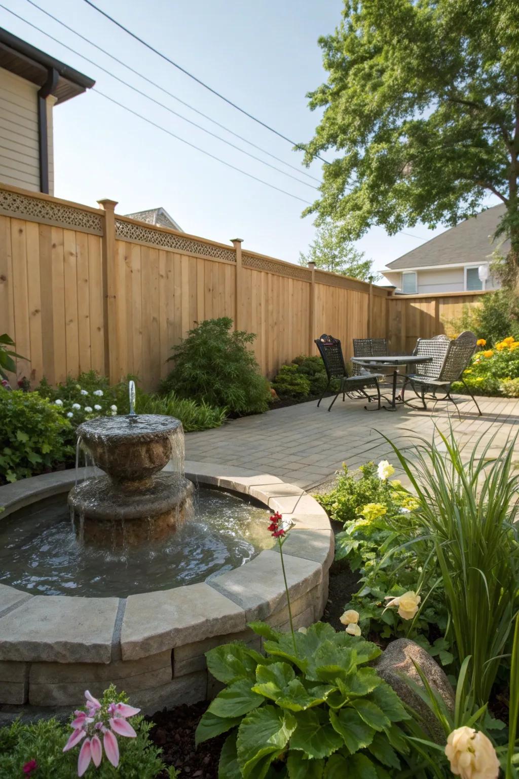 A tranquil patio featuring a calming water fountain.