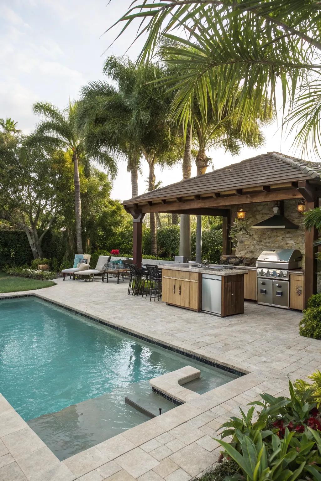 A Florida backyard that integrates pool and outdoor living spaces.