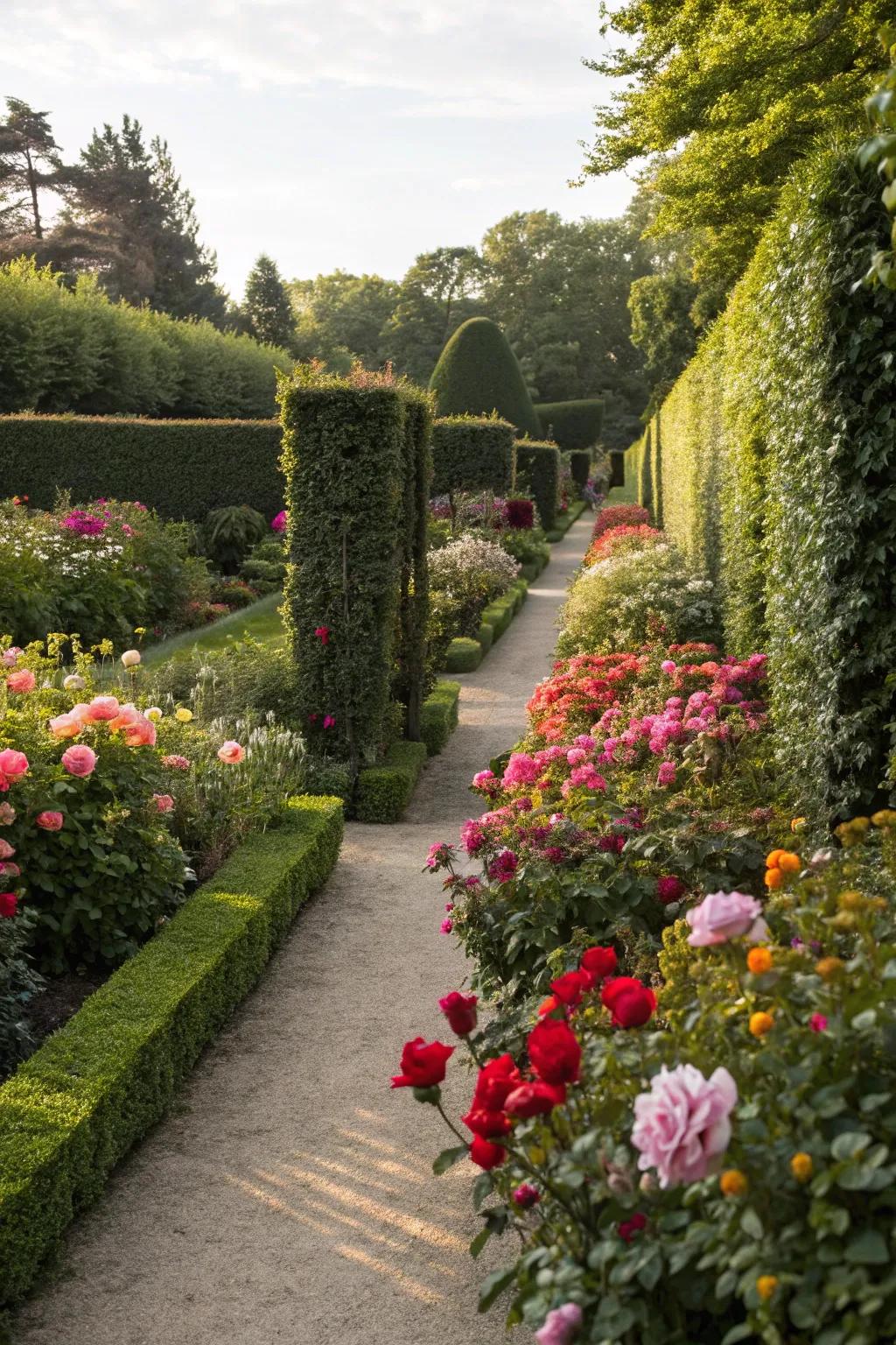 Hedges frame flower beds for a tidy look.