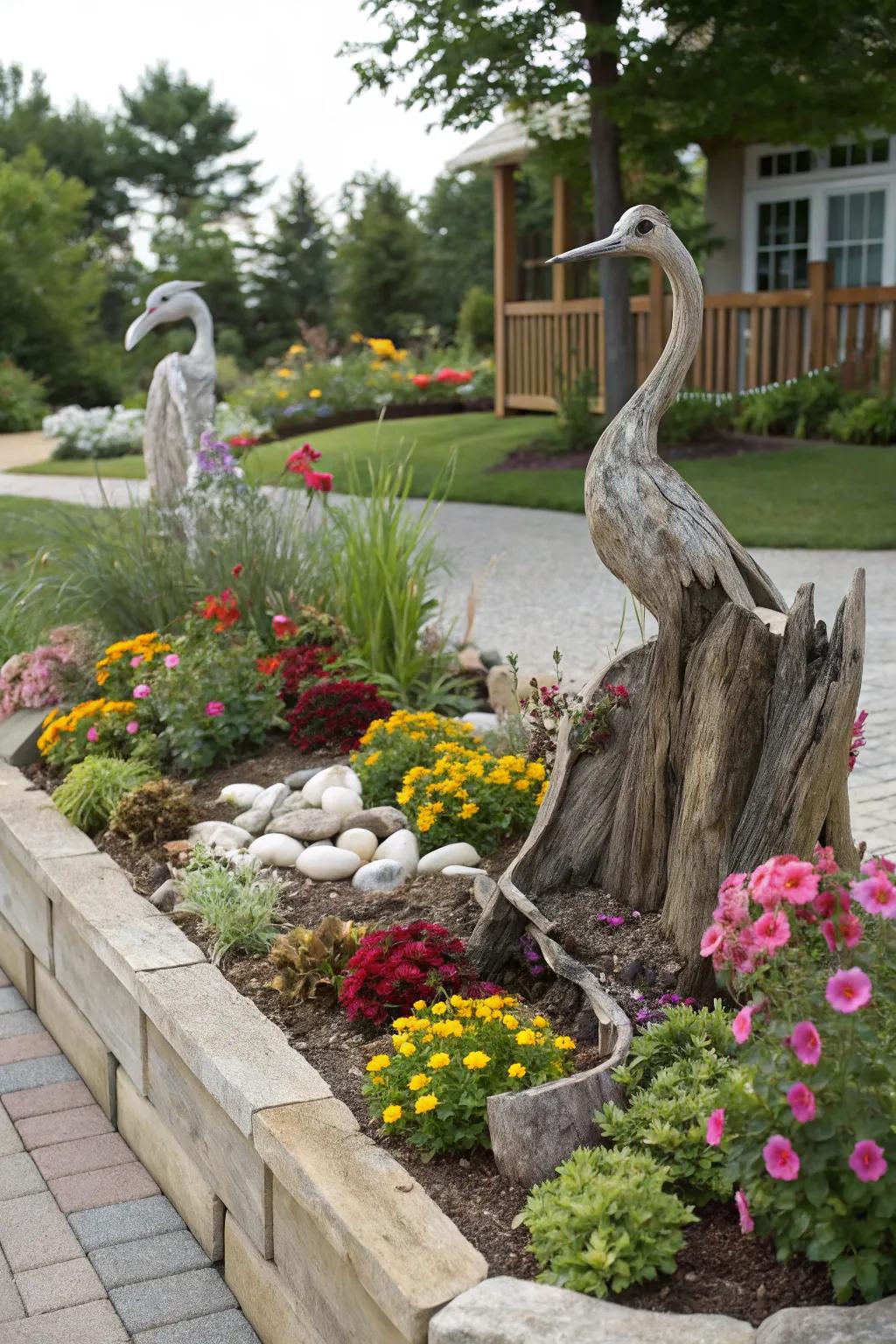 Sculptural elements create focal points in this flower bed.