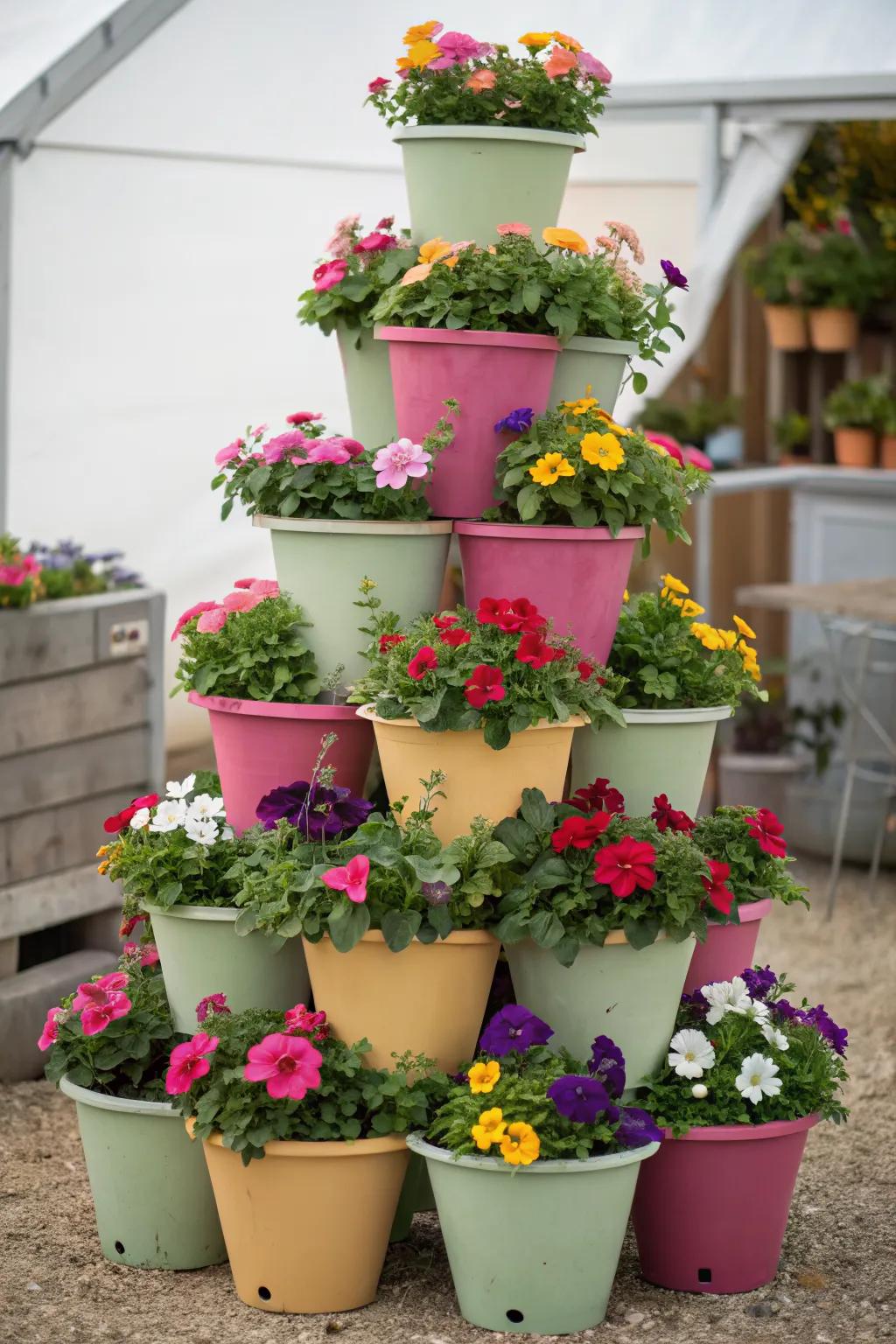 Create a playful display with a stacked pot pyramid.