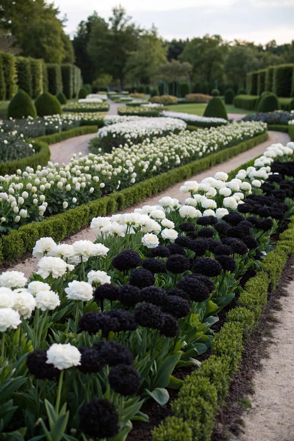 A chic garden featuring black and white flowers
