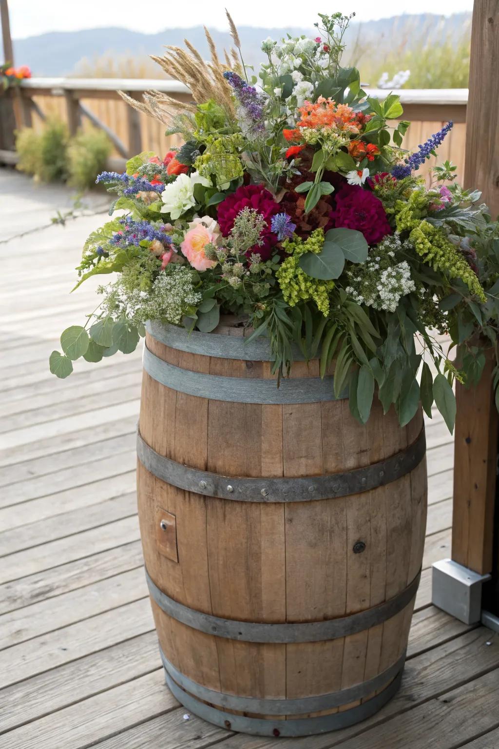 Wine barrels provide a rustic charm for large flower arrangements.