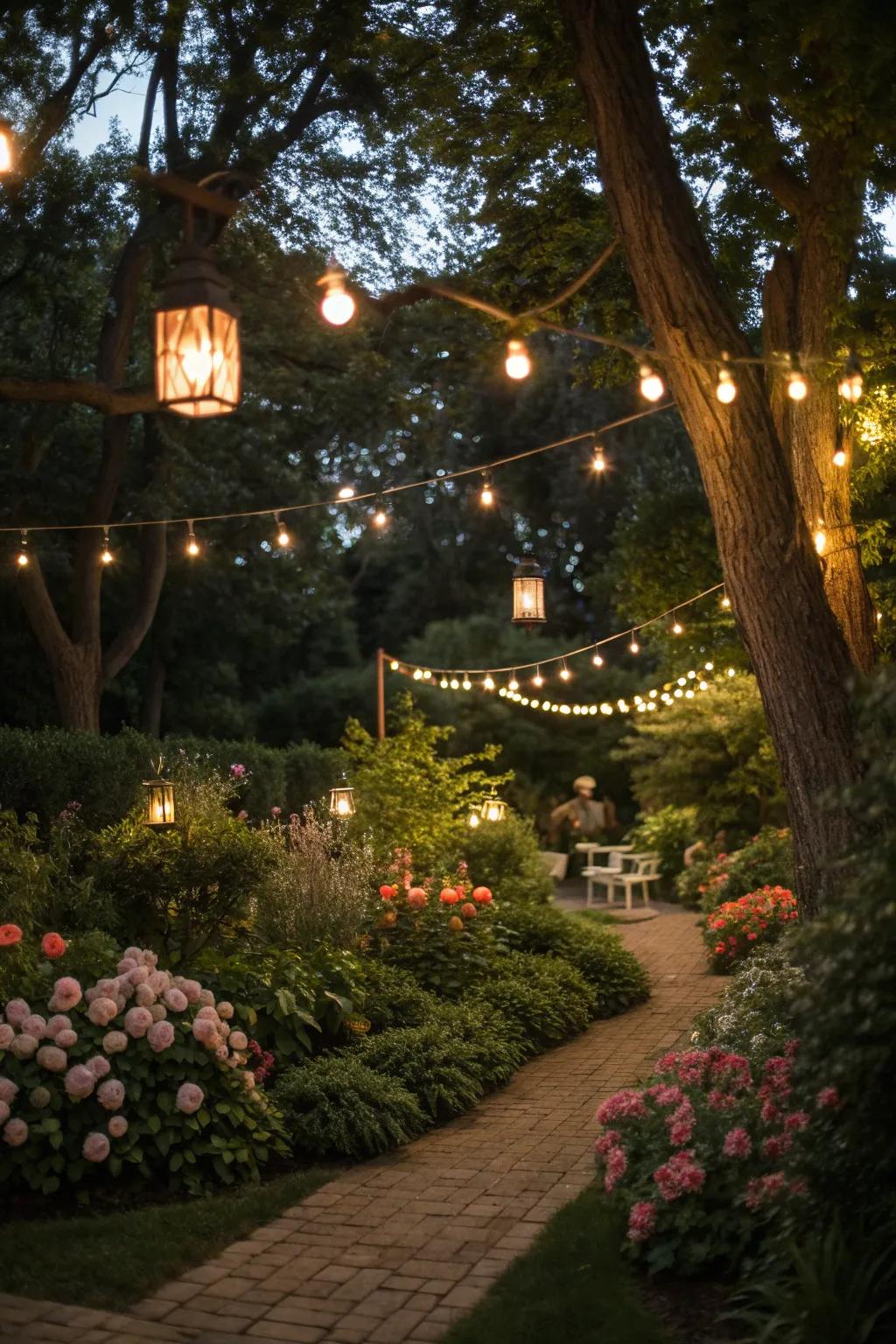 Outdoor lighting adding a magical touch to a garden.