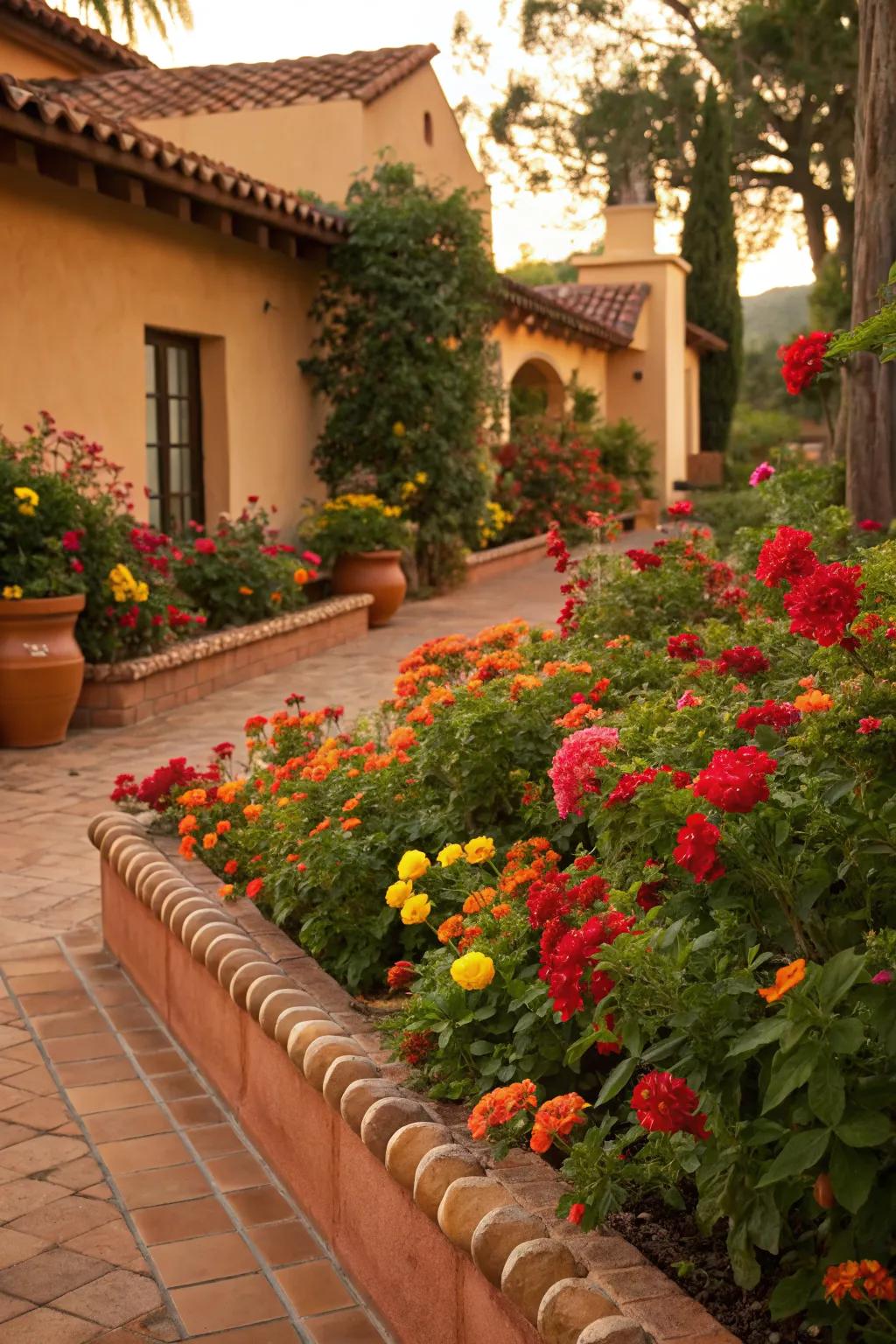 Terracotta tiles bring warmth and a Mediterranean touch to garden edges.