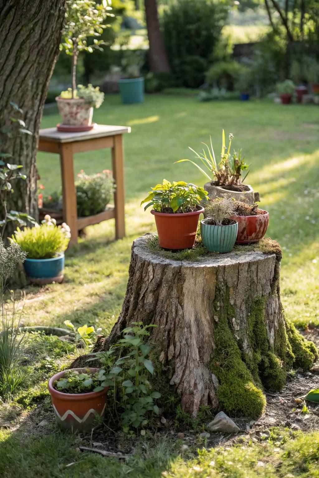 A rustic tree stump stand that blends seamlessly with nature.