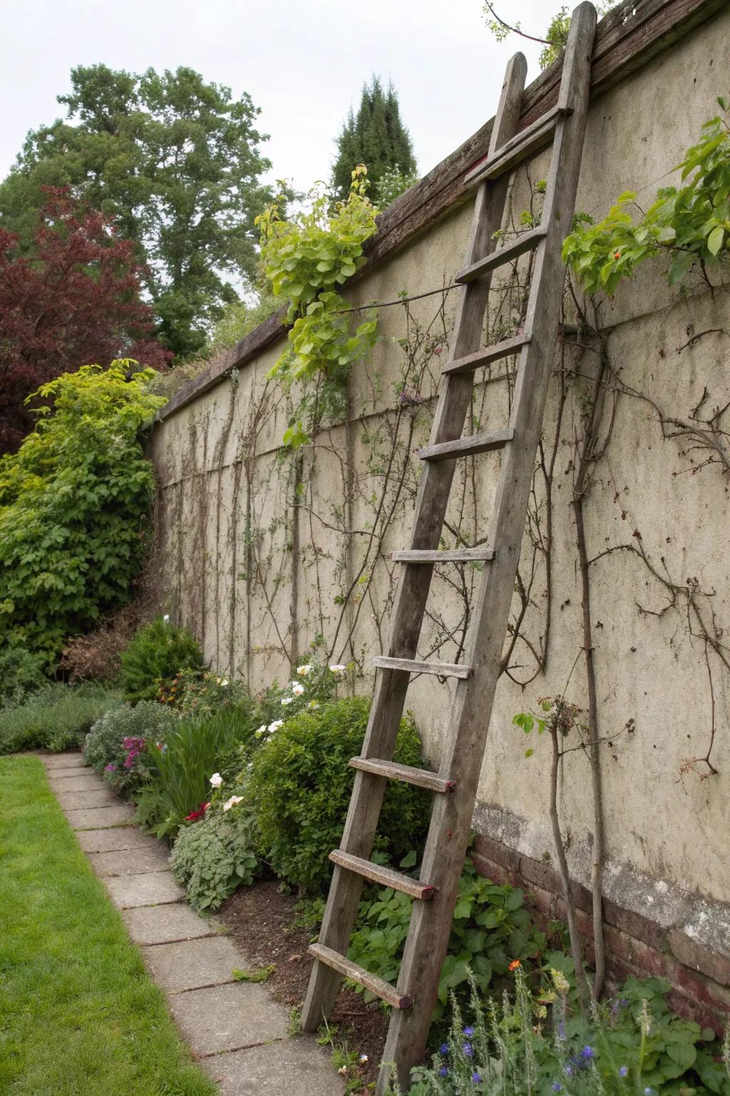 Ladder trellises give a rustic feel to gardens.