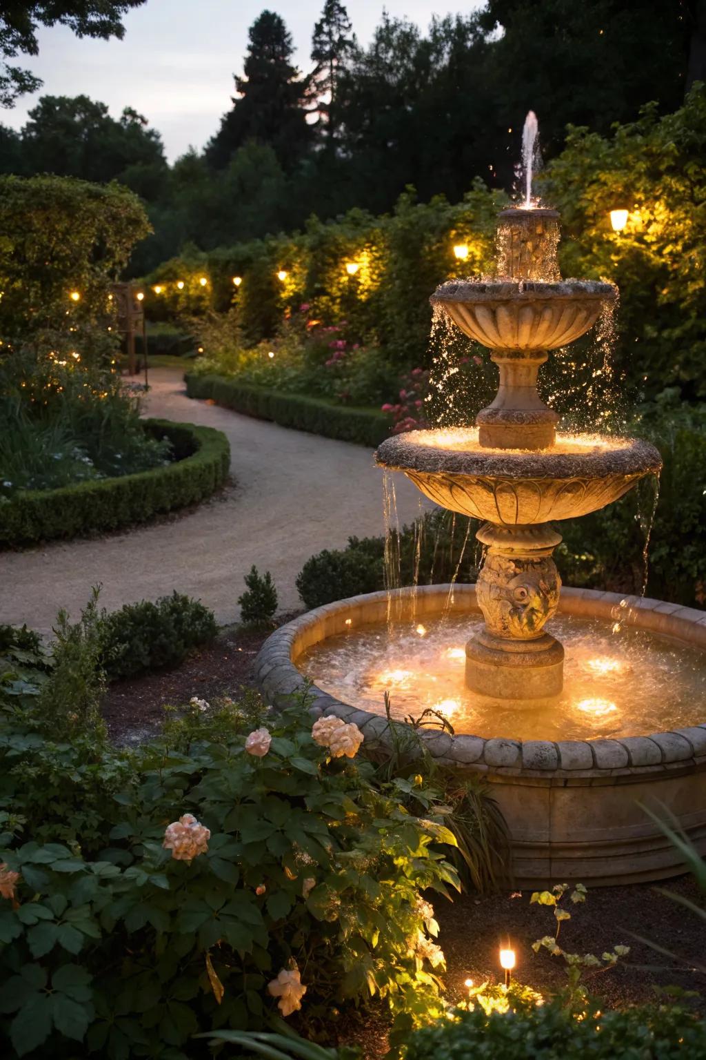 Lighting around the base creates a magical nighttime ambiance.