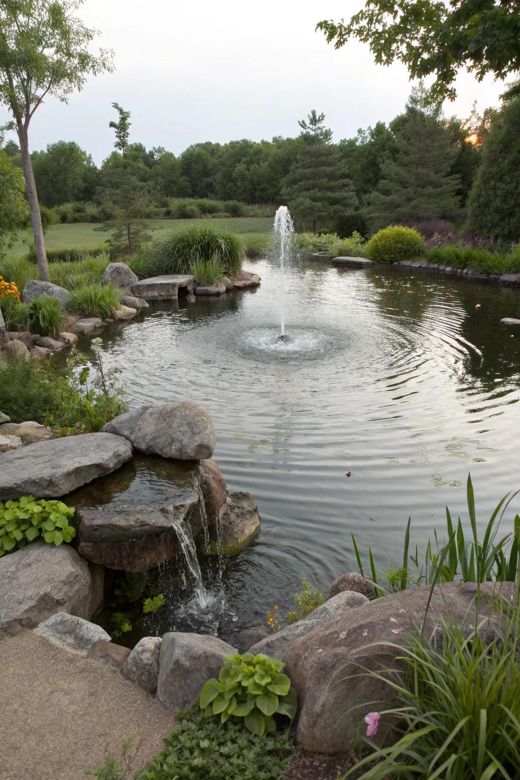 A naturalistic pond complete with a central fountain and lush surroundings.