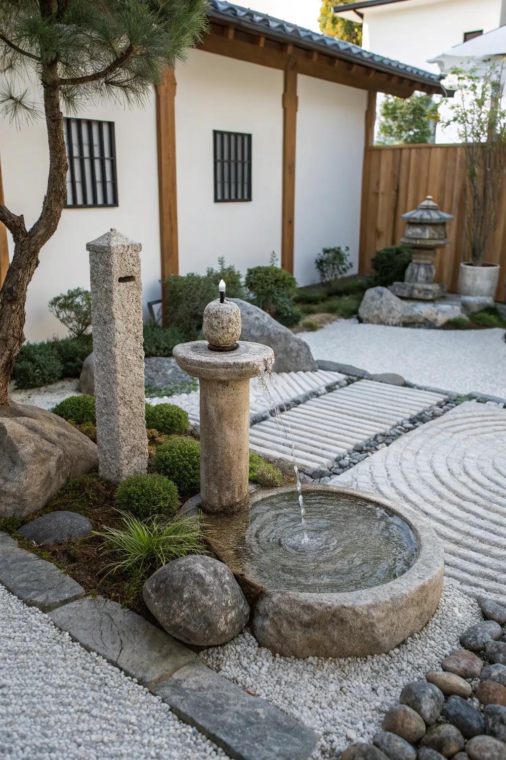 Zen garden with a fountain and stone pillars.