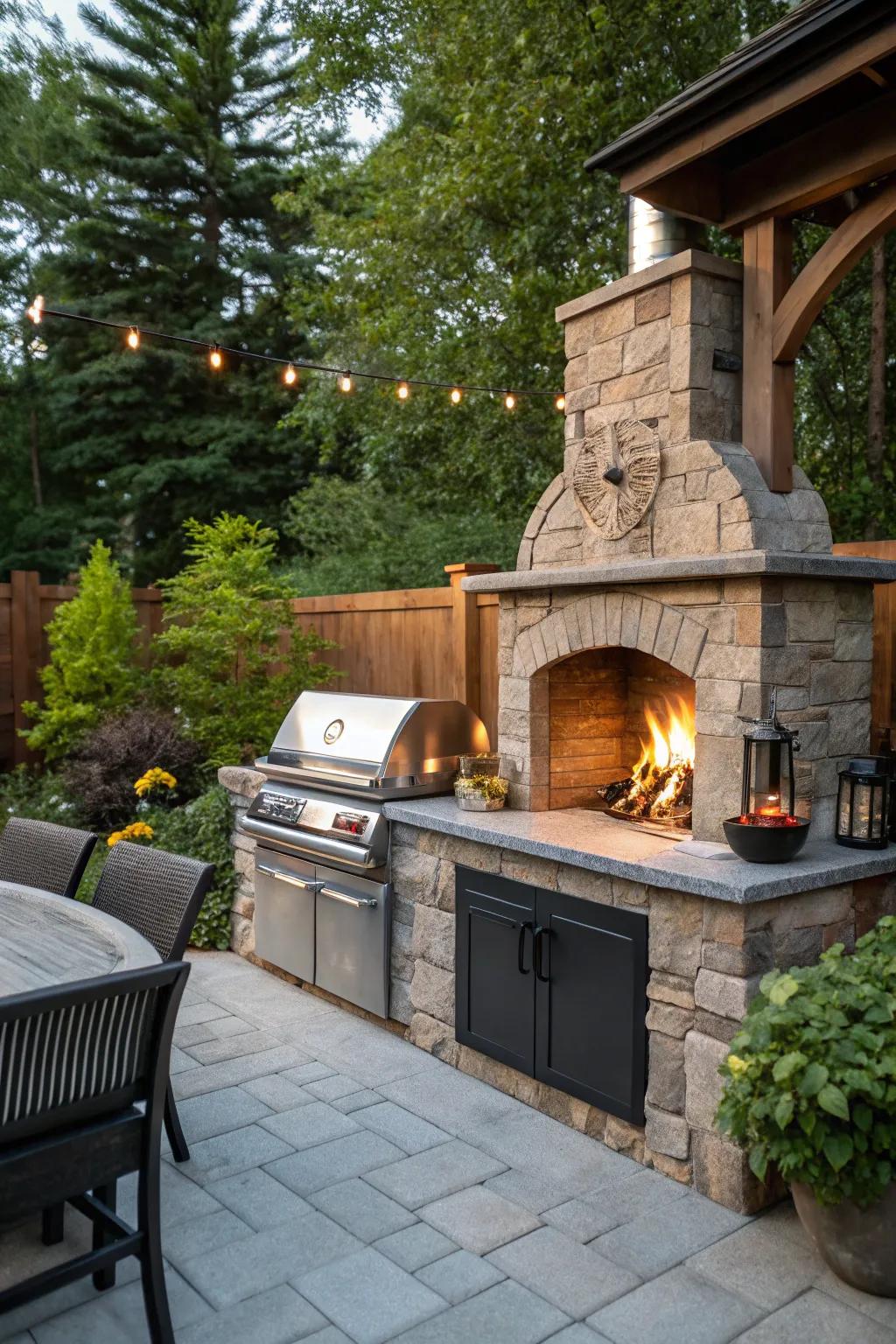 An outdoor fireplace adds warmth and charm to your grill area.