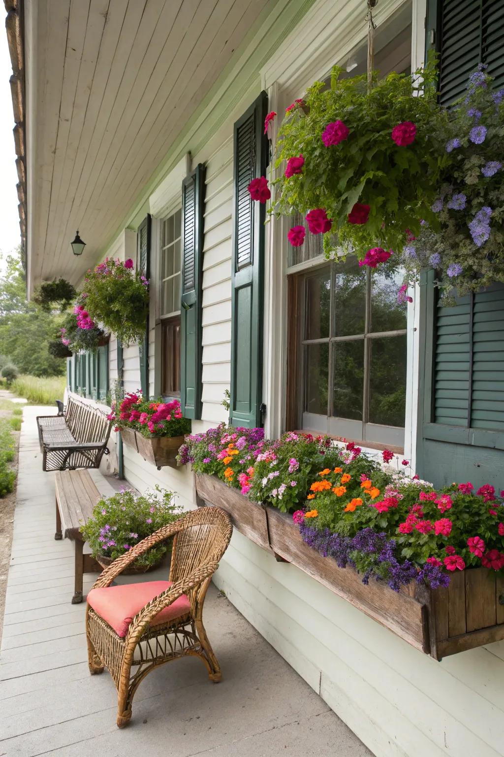 Flower-filled window boxes bring vibrant color.