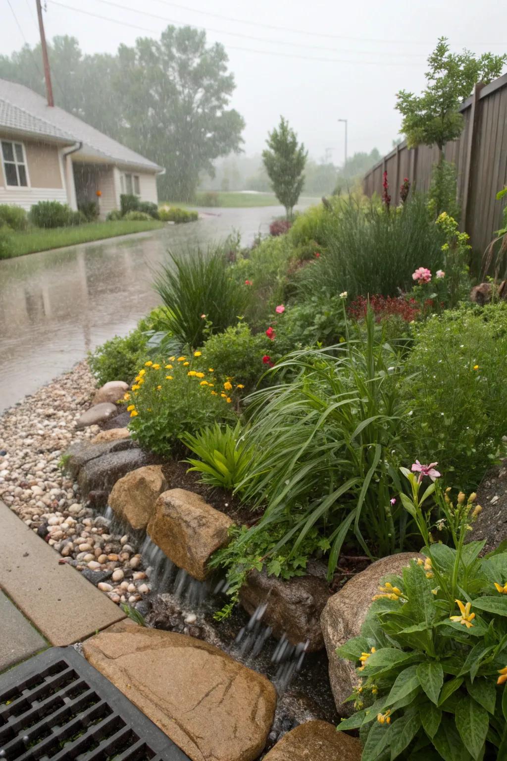 An eco-friendly rain garden with a French drain.
