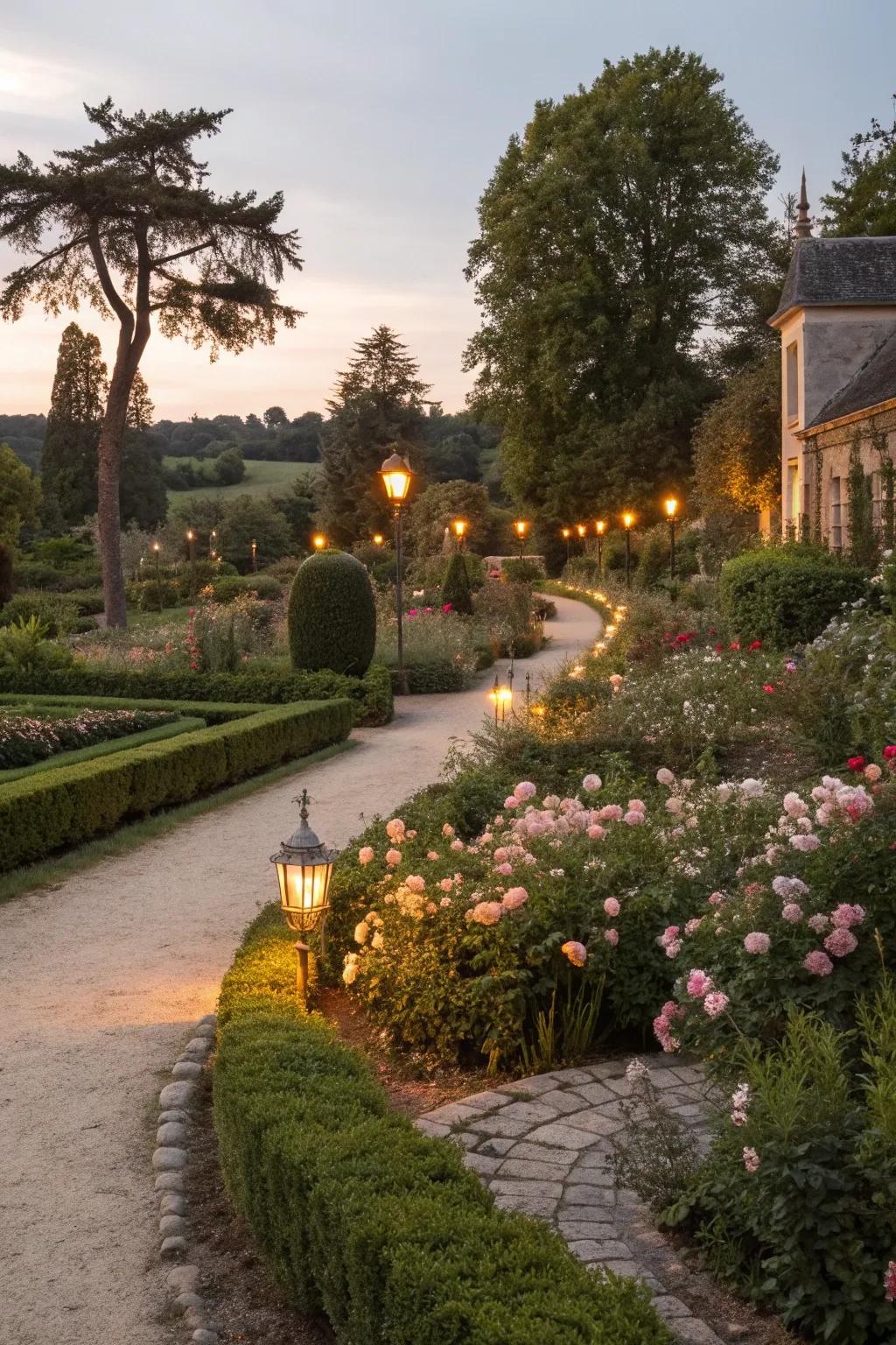 Warm lighting enhances the garden's nighttime beauty.