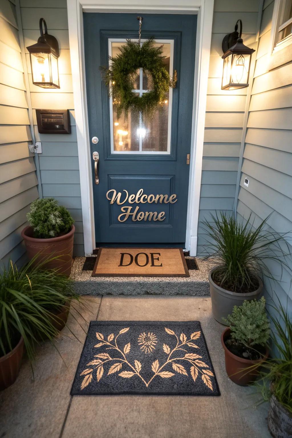 A front door landing with personal touches like a welcome mat and custom sign.