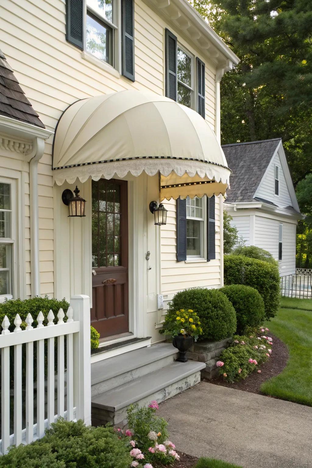 A lily dome awning adds graceful elegance to this cottage.