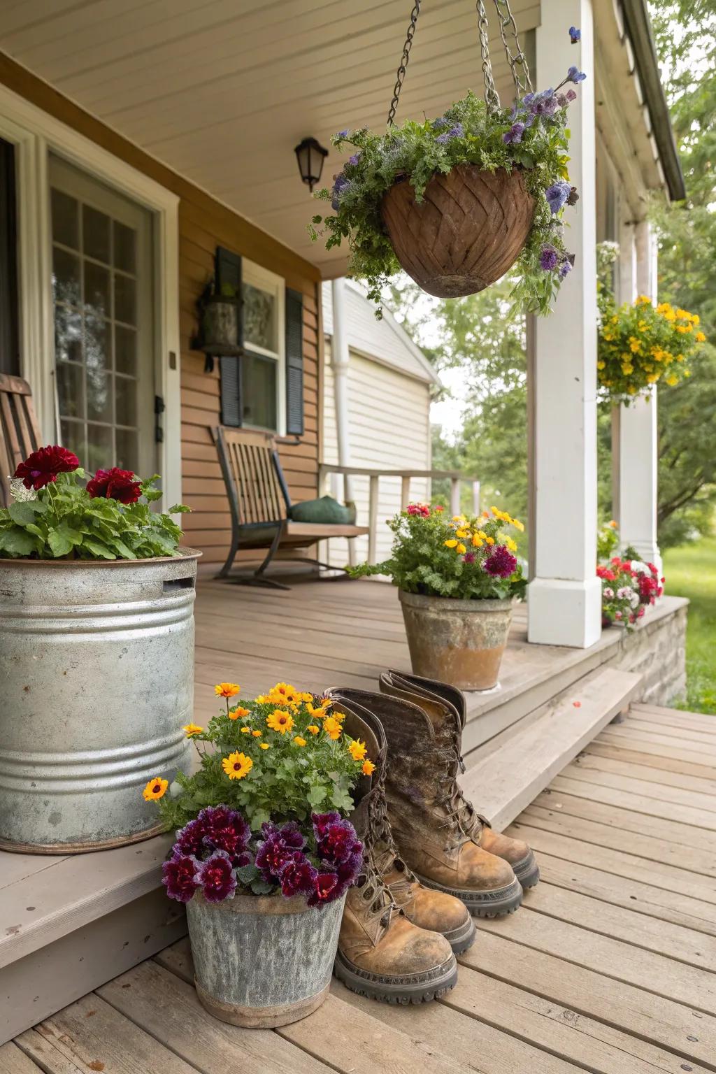 Vintage items repurposed as planters add a quirky charm.