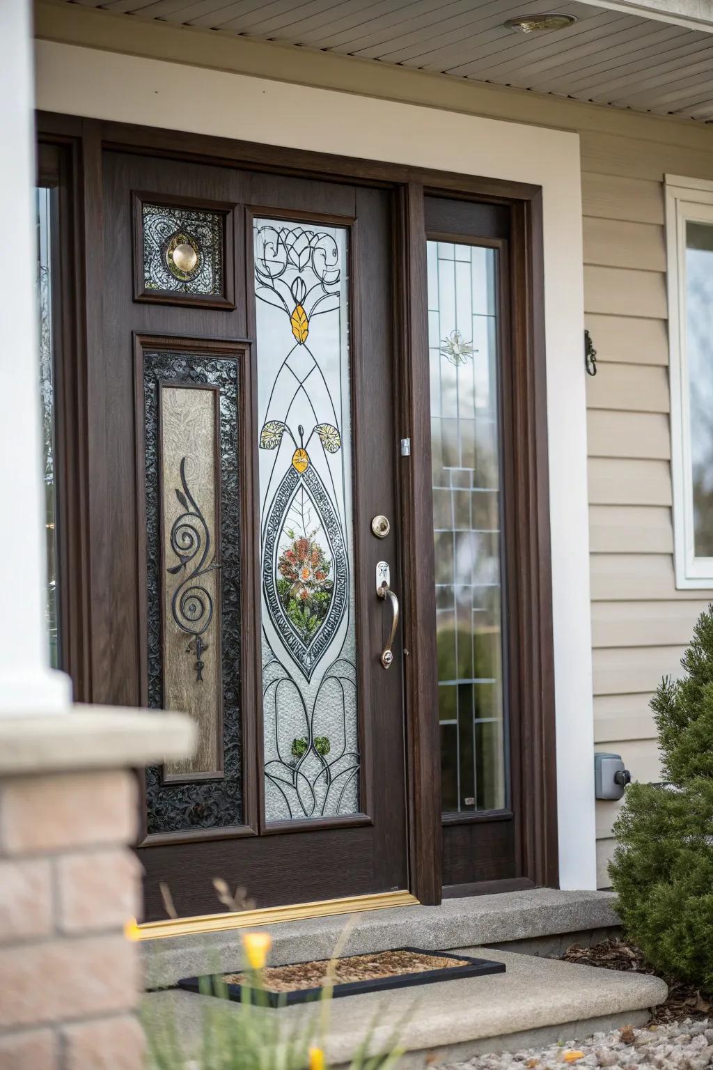 Custom artwork in glass adds a personal touch to this front door.