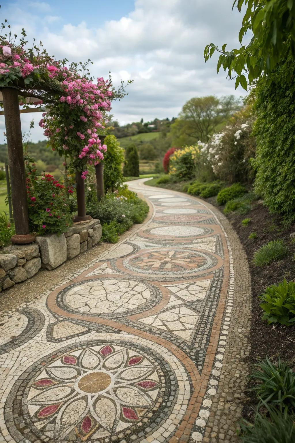 An artfully crafted pebble mosaic path, showcasing beautiful patterns.