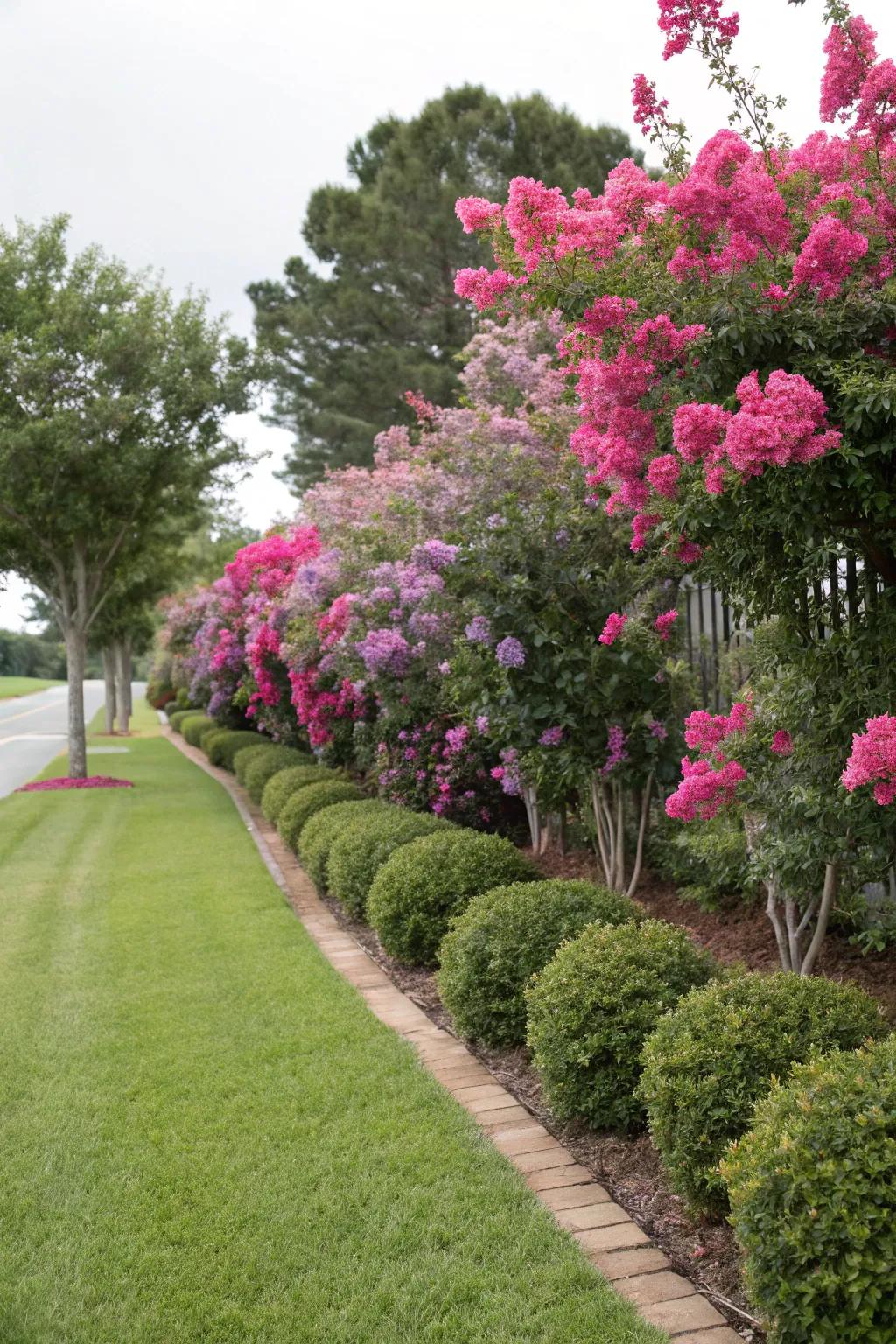 Crepe myrtles form a striking, colorful hedge.