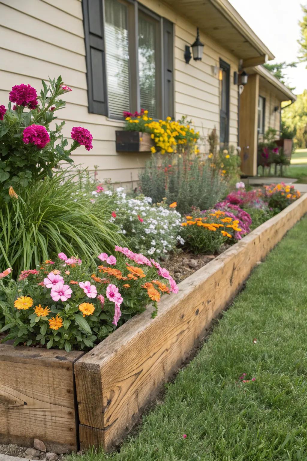 Wooden timbers add rustic warmth to flower bed borders.