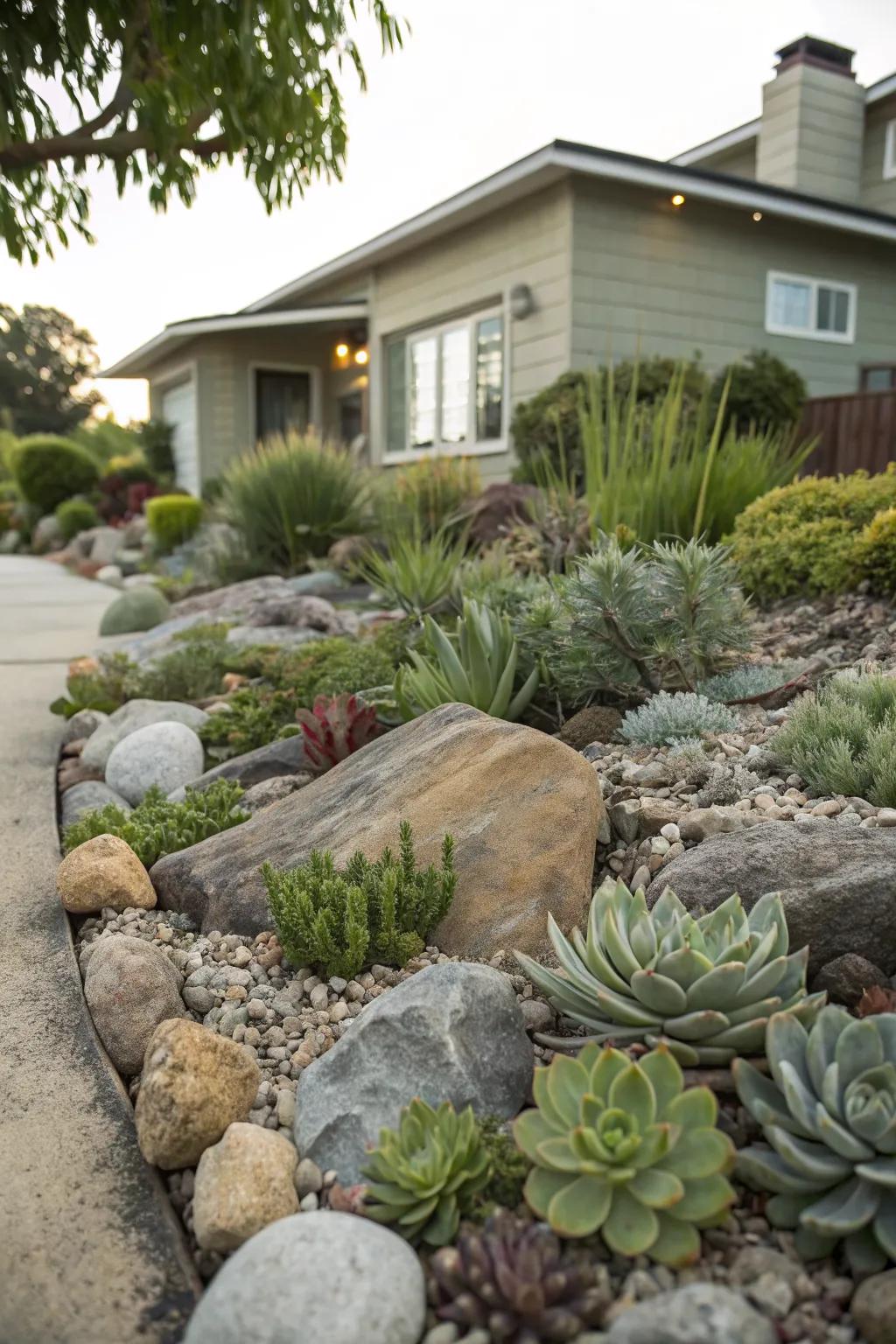 A low-maintenance succulent and rock garden perfect for any front yard.