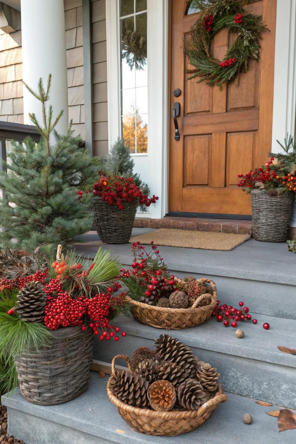 Natural elements like pinecones add rustic charm.