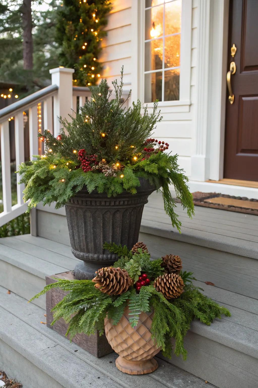 Pinecones bring natural charm to festive planters.