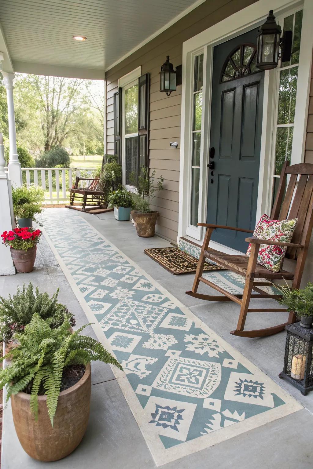Faux rug patterns bring indoor comfort outdoors.