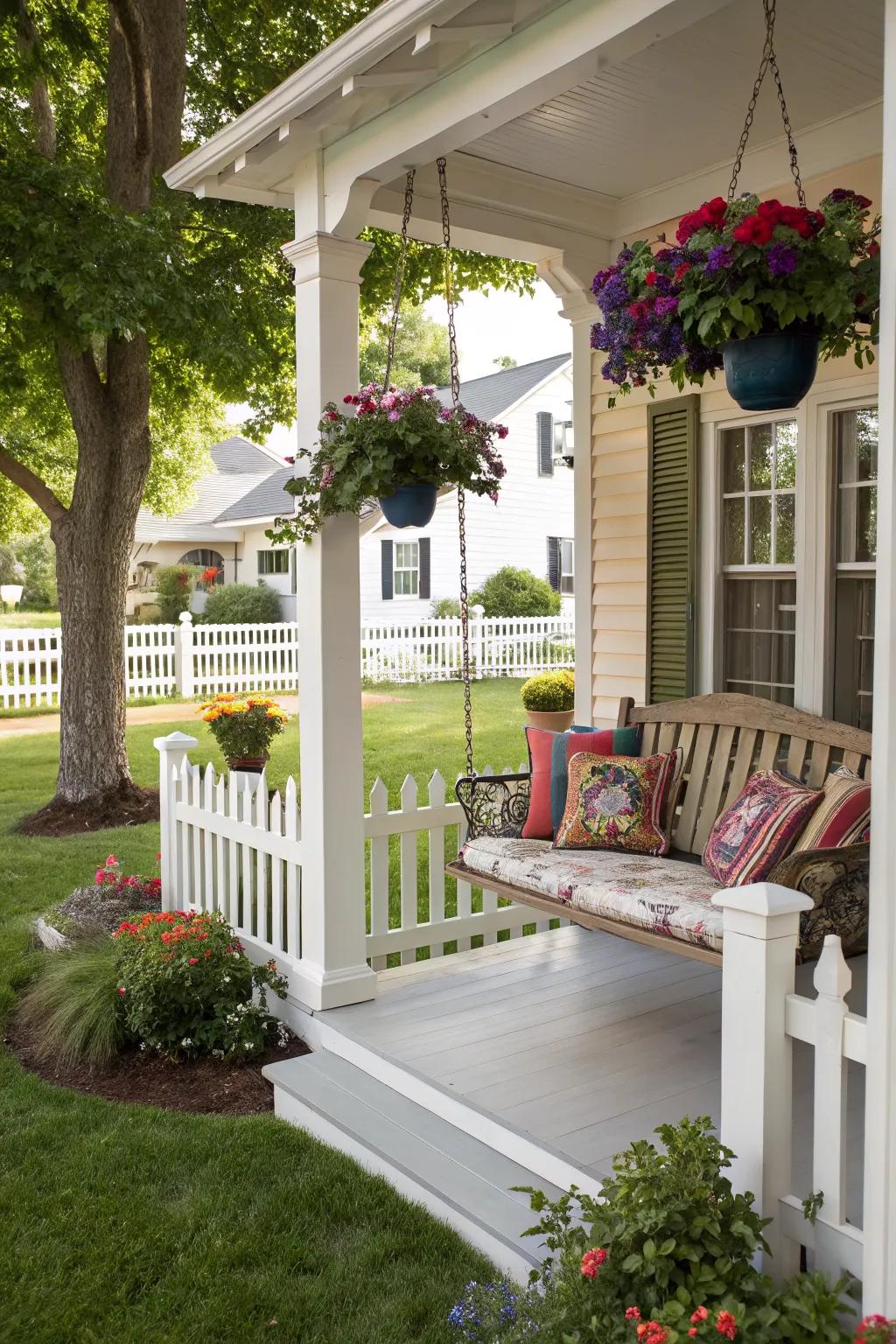 A porch swing adds timeless charm to any entrance.