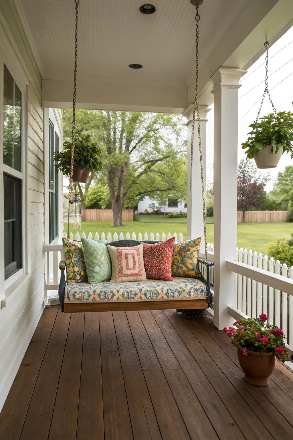 A front porch with a charming swing, perfect for relaxation.