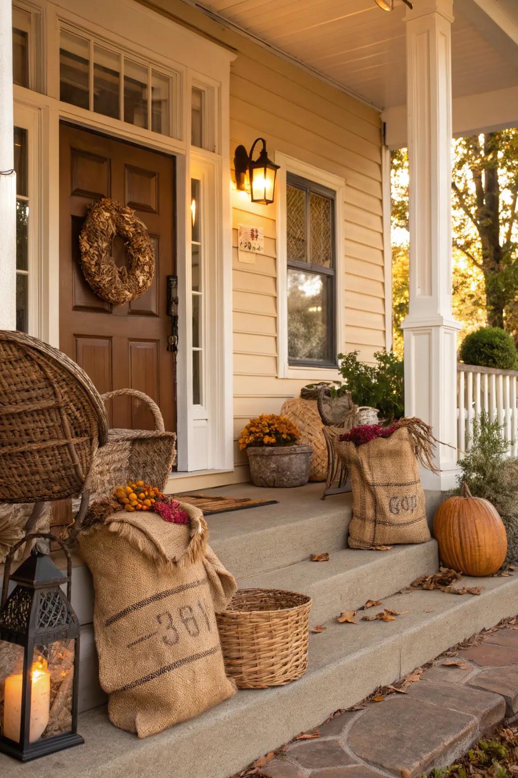 A mix of textures enhancing the visual appeal of a fall porch.