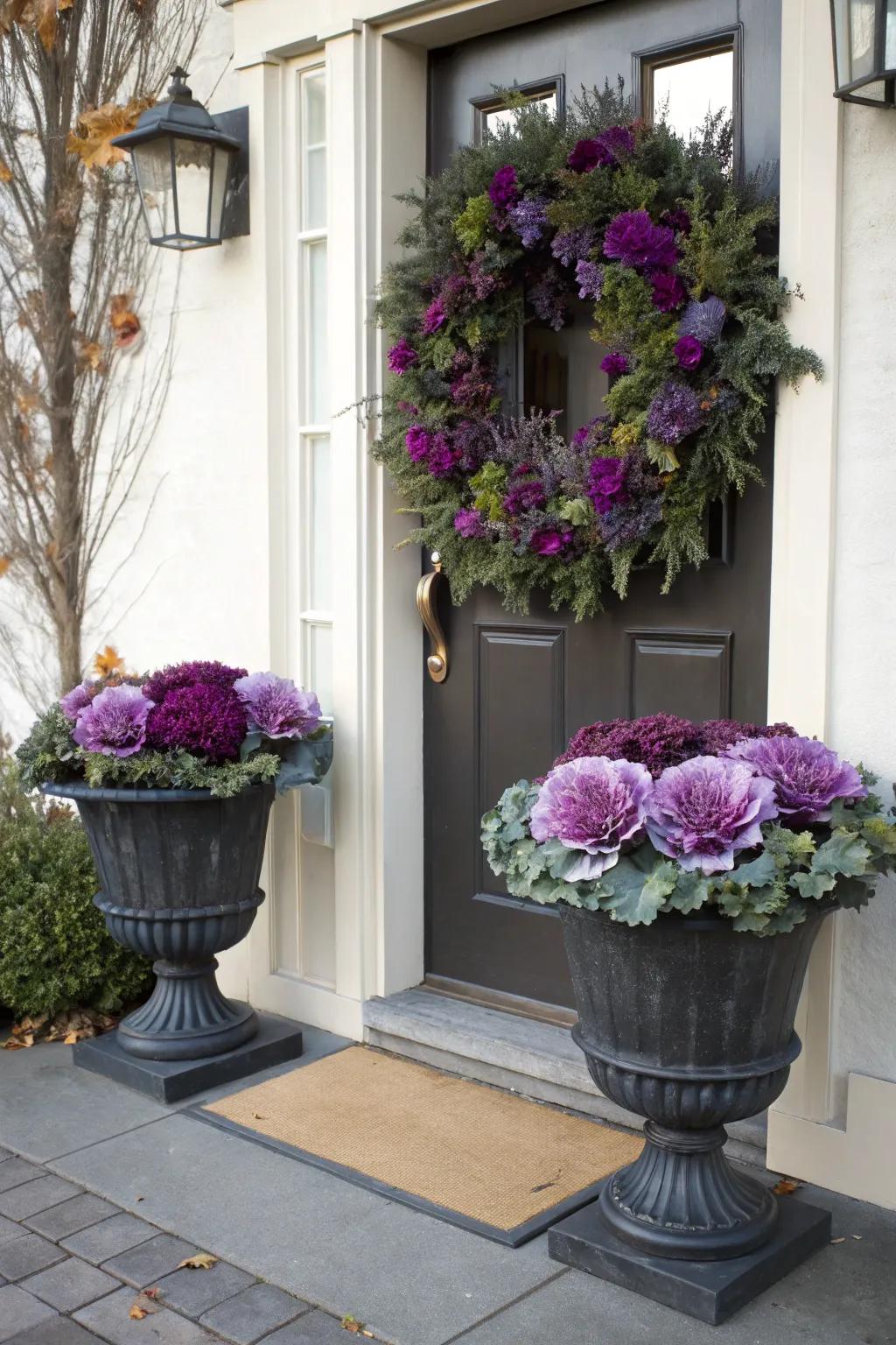 Dark planters highlight the vivid colors of kale.