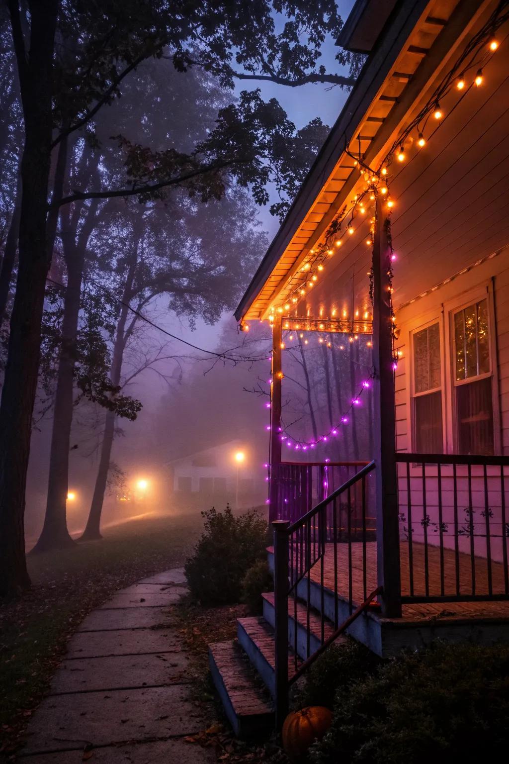 Colorful string lights transform the porch into a mystical Halloween scene.