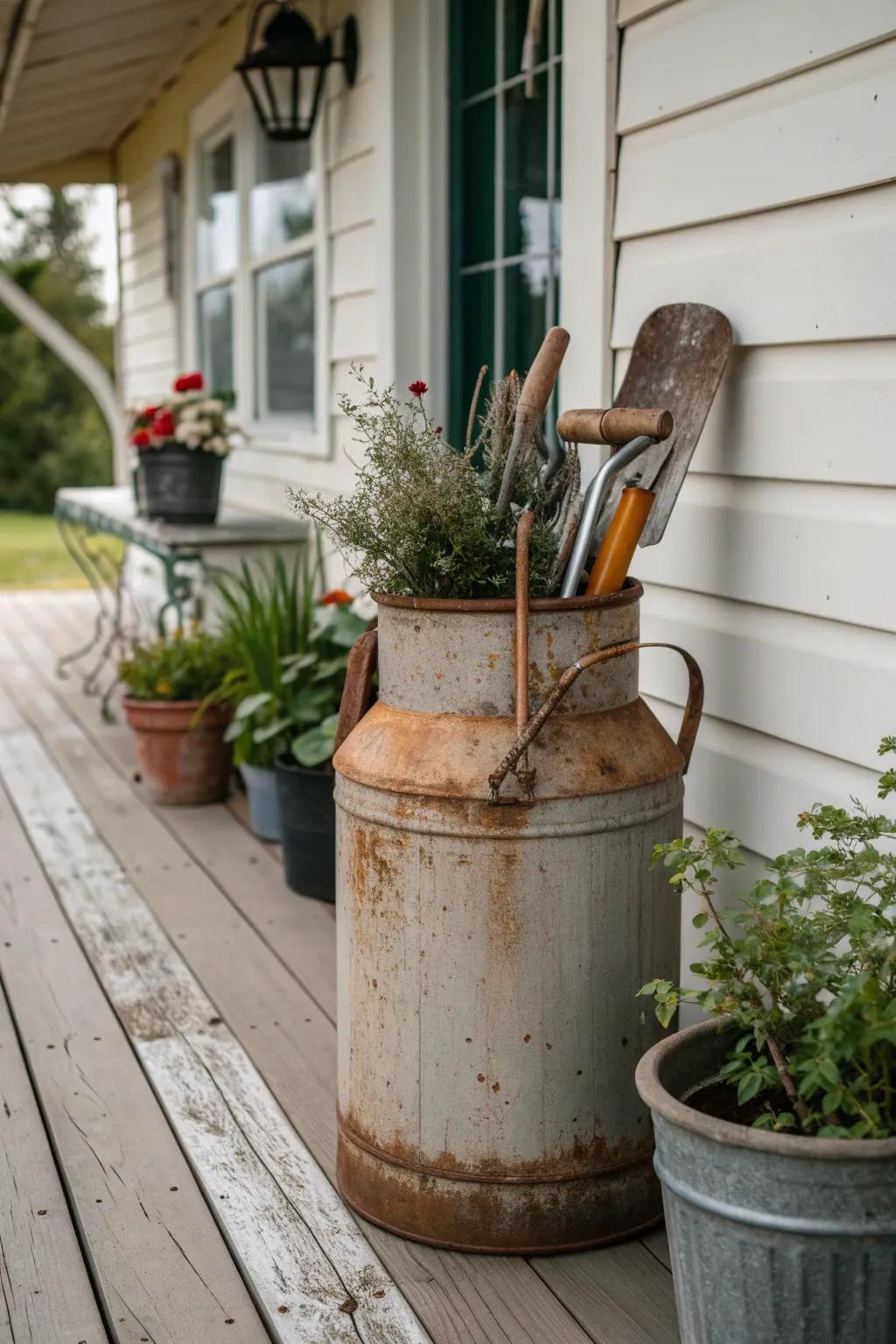 Garden tools find a stylish home in a vintage milk can.