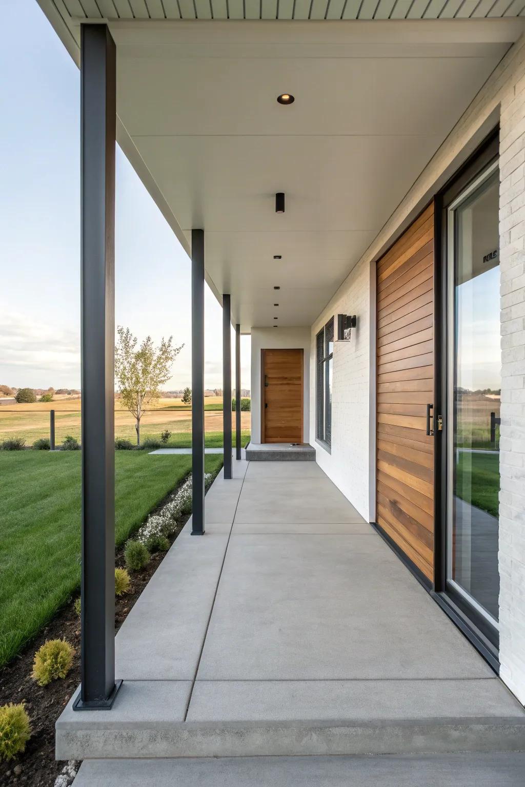 Minimalist metal posts lending a sleek touch to the porch.