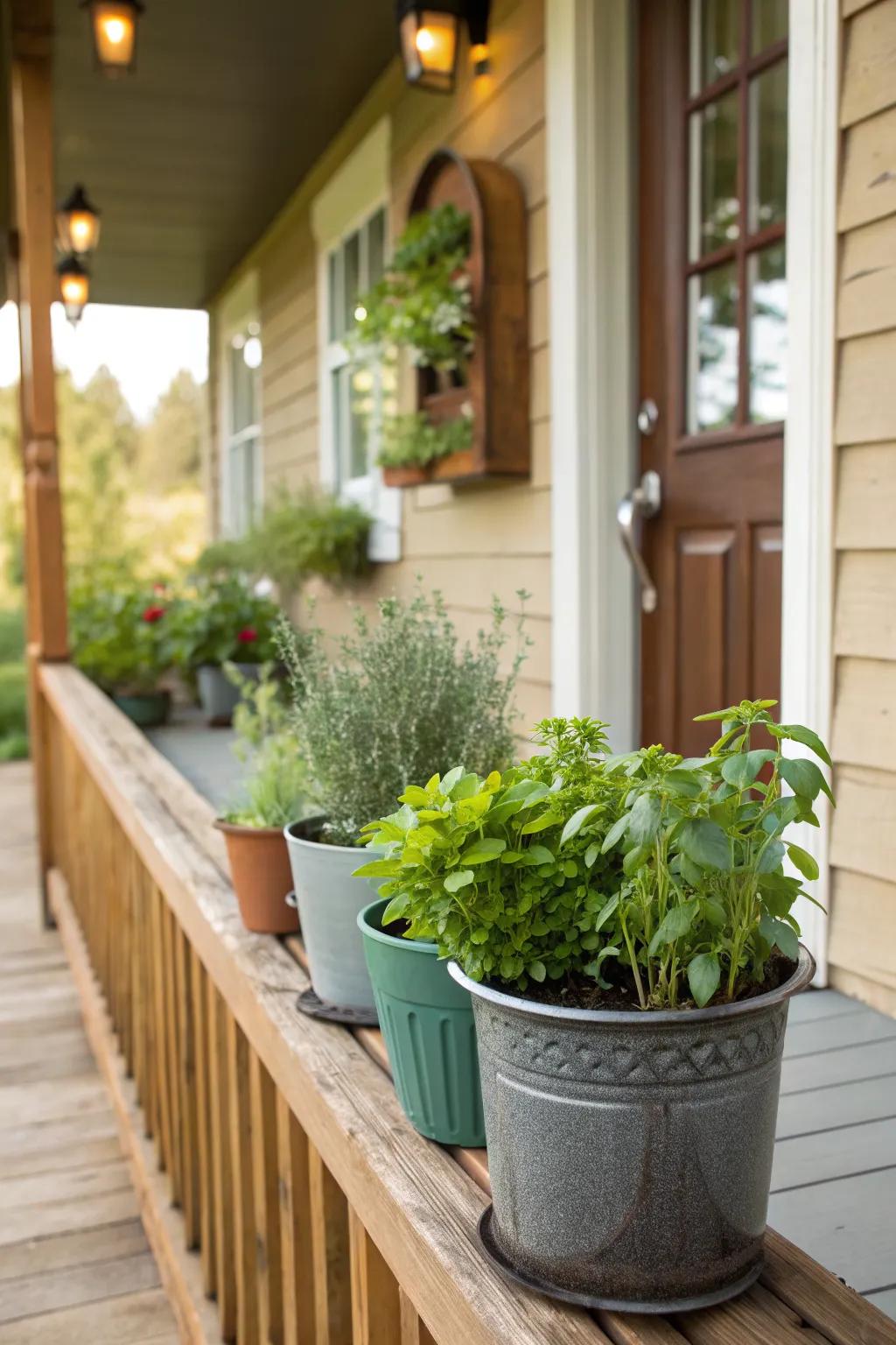 Herbs add fragrance and function to the porch.