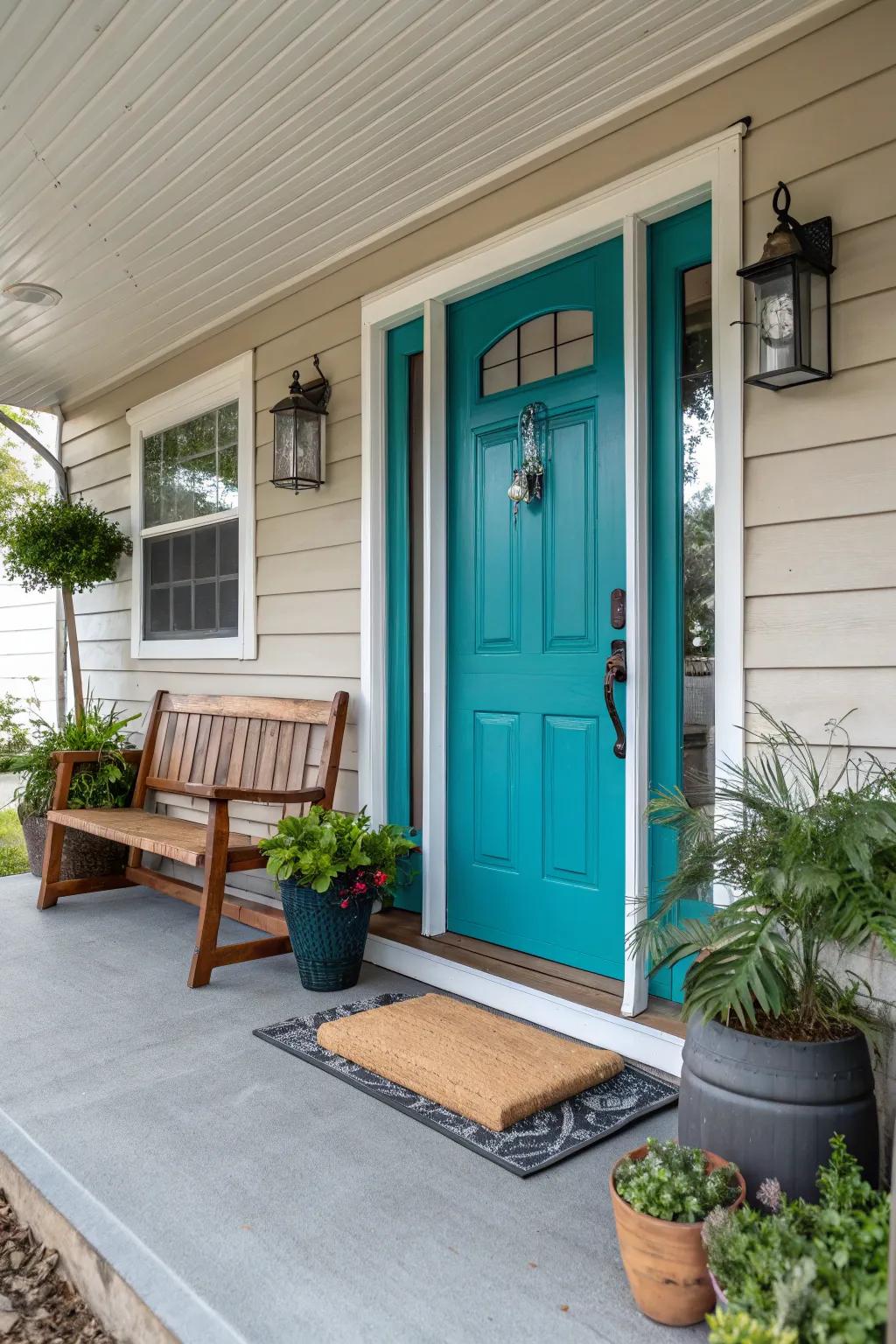 A bold teal door adding a pop of color to the porch.
