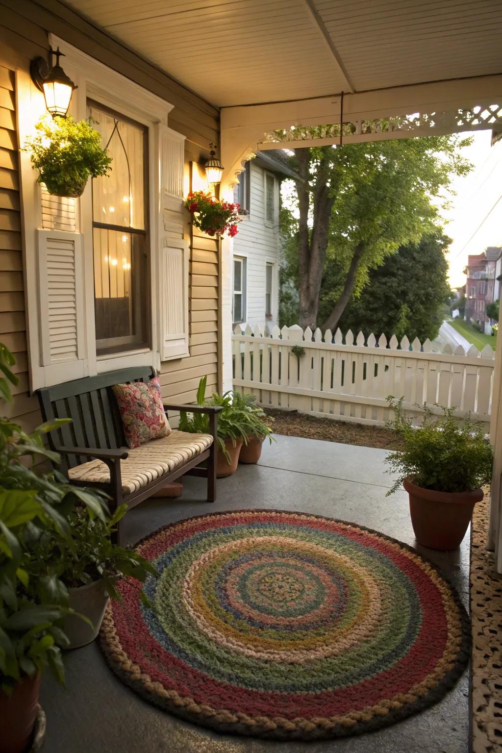 Circular rugs introduce a gentle, welcoming flow to your outdoor space.