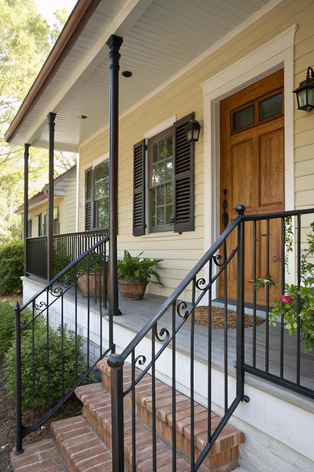 Dark metal railings add a sophisticated contrast to lighter exteriors.