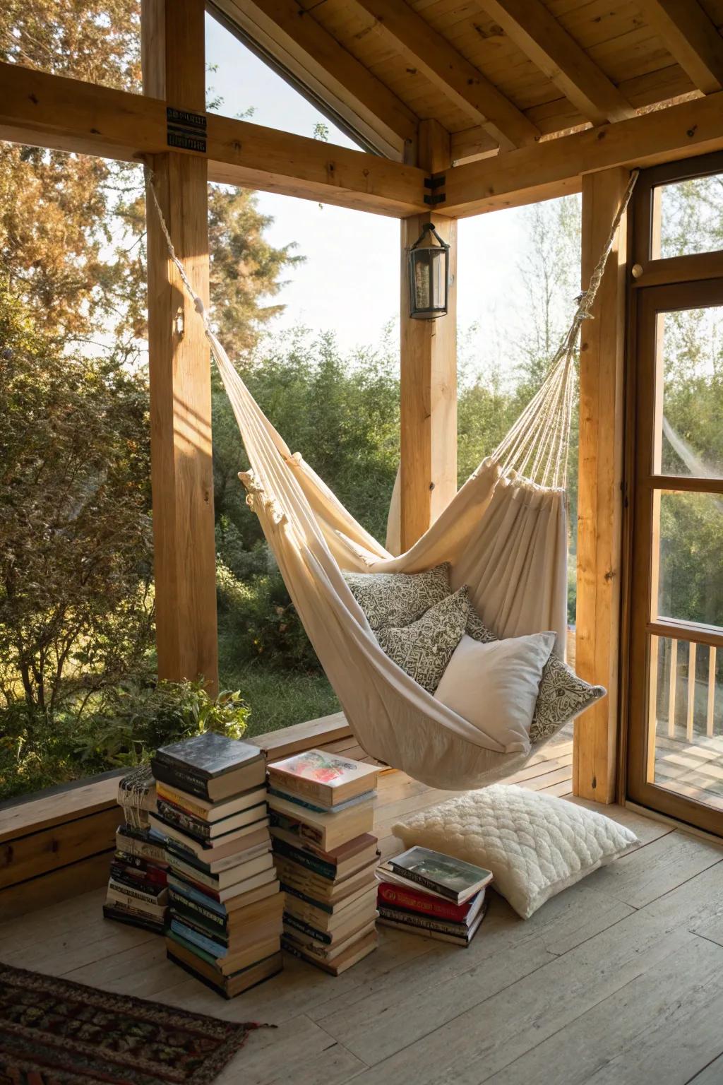 A sunroom corner featuring a cozy reading hammock.