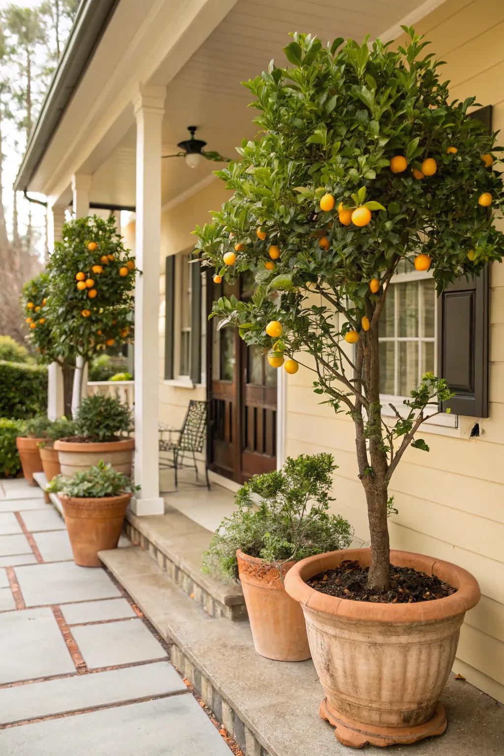 Mini fruit trees add charm and fragrance to the porch.