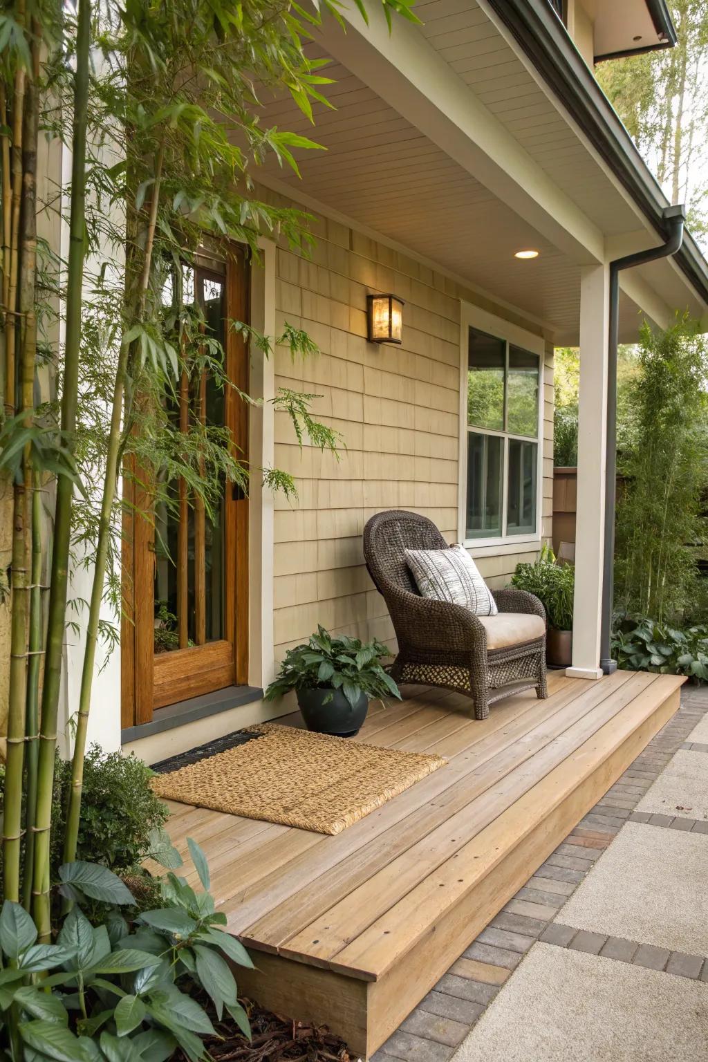 A front porch with bamboo panel underpinning.