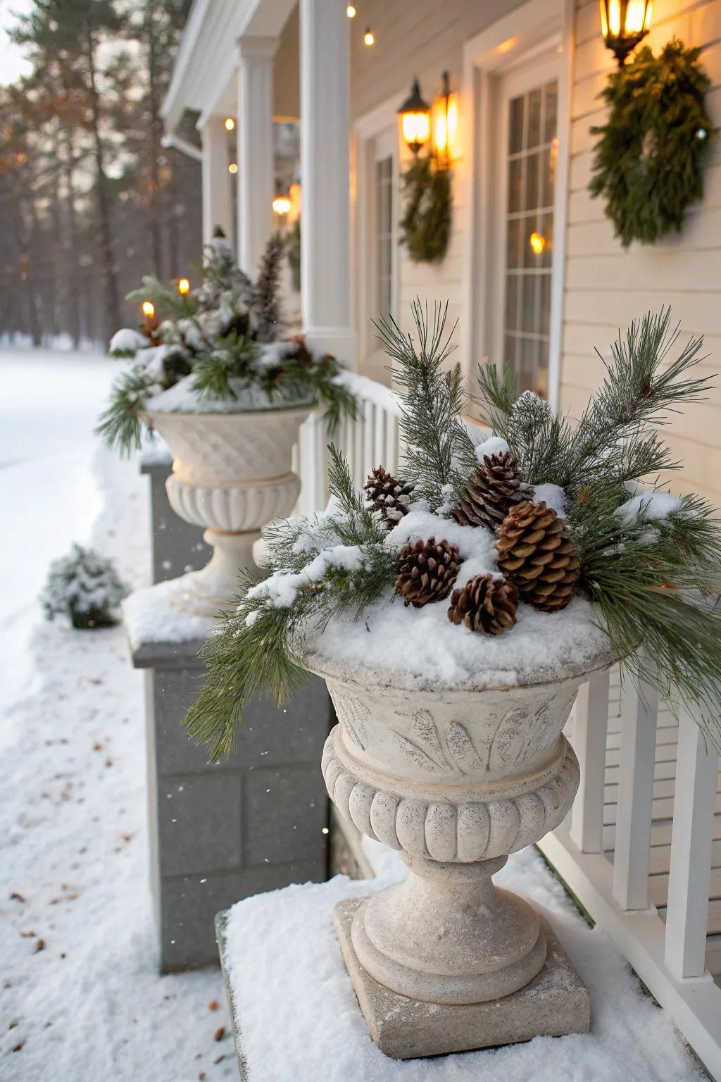 Create a winter wonderland with themed urns.