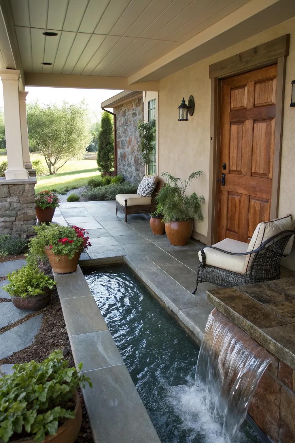 A water feature adds soothing sounds to the porch.
