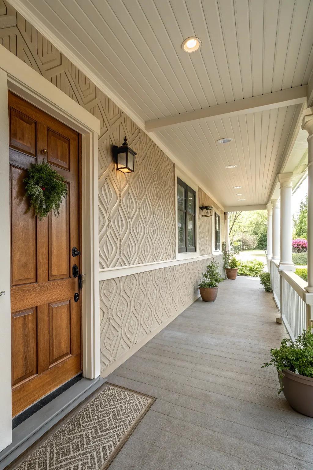 Textured panels add depth to the porch wall