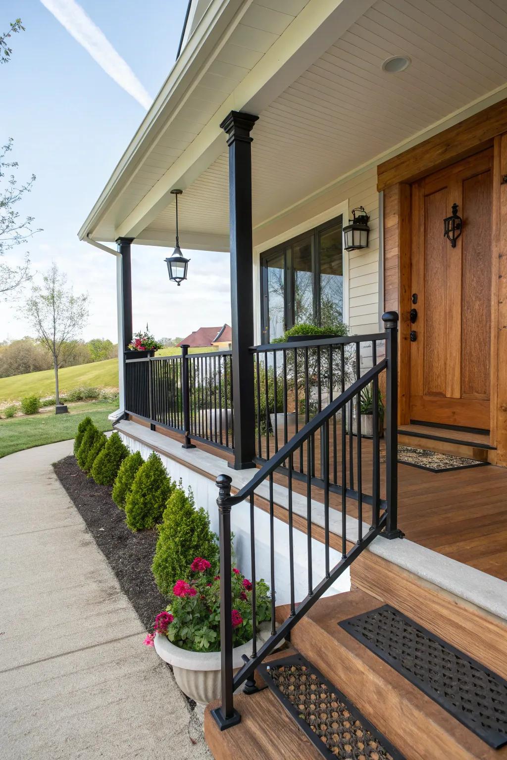 Elegant black railings create a welcoming entryway.