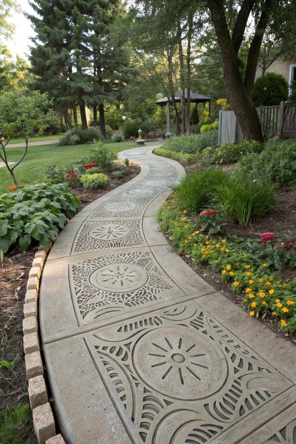Artistry meets functionality with saw-cut patterns on your walkway.