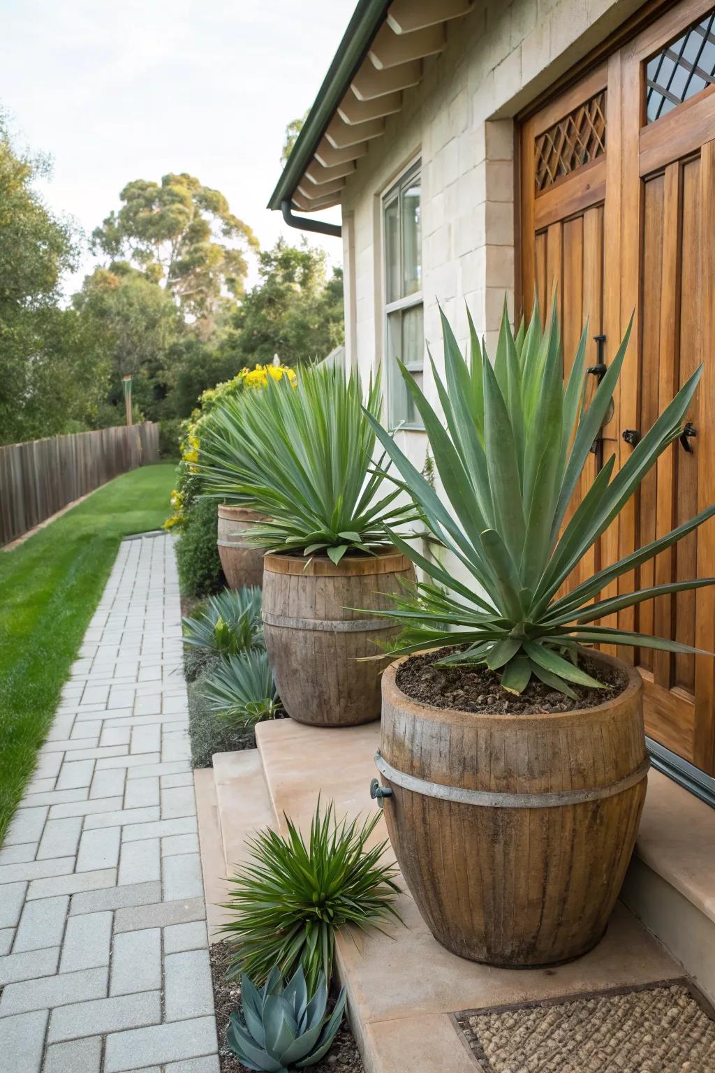 Enhance entryways with potted agave.