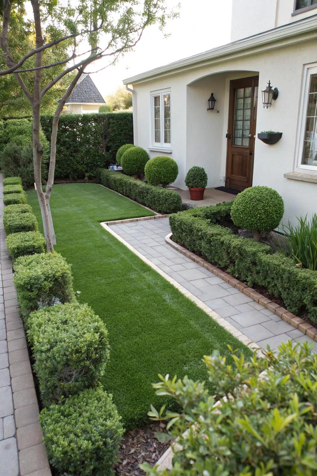Artificial grass framed by neatly trimmed shrubs and hedges.